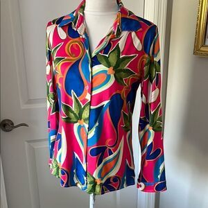 Italian Style Vibrant  Multicolor Button Down Shirt Vintage Hippie Mod